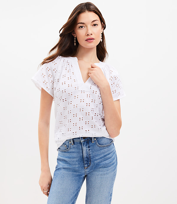 Petite Eyelet Split Neck Top