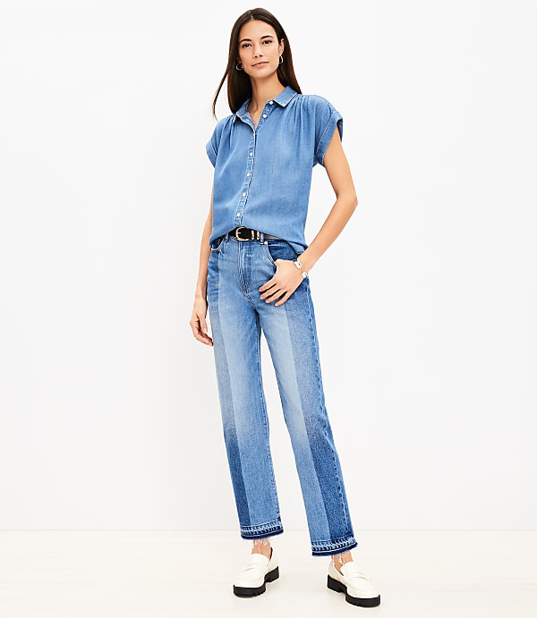 Striped Let Down Hem High Rise Straight Jeans in Original Mid Indigo Wash