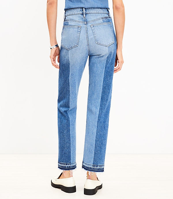 Striped Let Down Hem High Rise Straight Jeans in Original Mid Indigo Wash