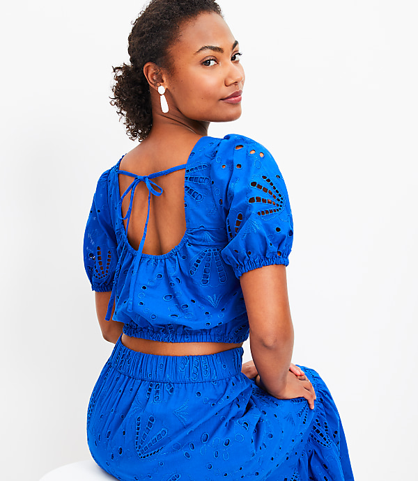 Petite Shell Eyelet Tie Back Square Neck Blouse