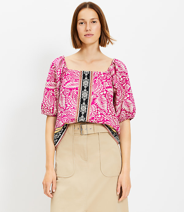 Palm Bubble Sleeve Square Neck Blouse