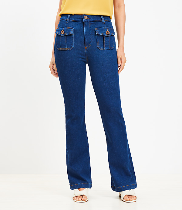 Curvy High Rise Patch Pocket Slim Flare Jeans in Dark Wash