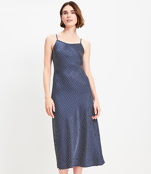 Dotted Satin Strappy Bias Midi Dress