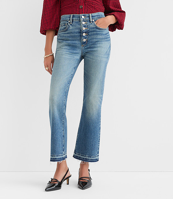 Button Front High Rise Kick Crop Jeans in Mid Vintage Wash