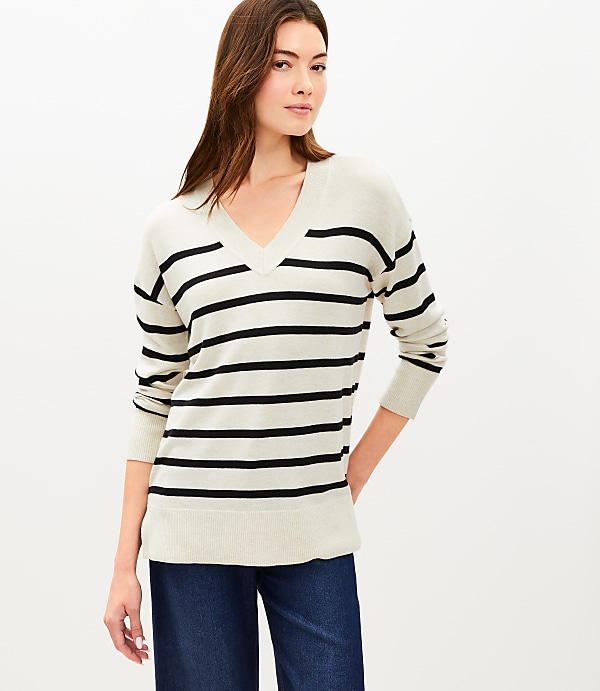 Striped Luxe Knit V-Neck Tunic Sweater