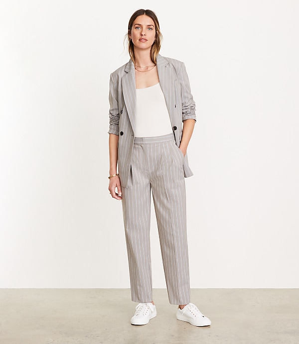 Petite LOFT Versa Seasonless Stretch Double Pleat Taper Pant in Stripe