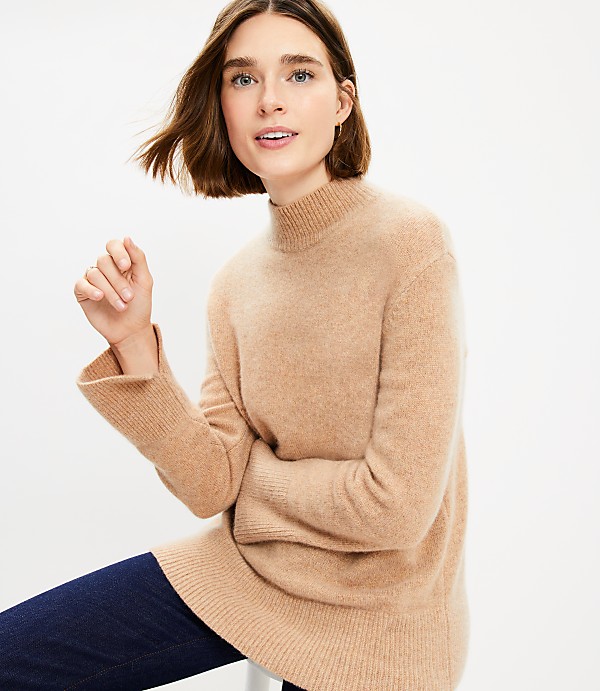 Slit Cuff Mock Neck Cashmere Tunic Sweater