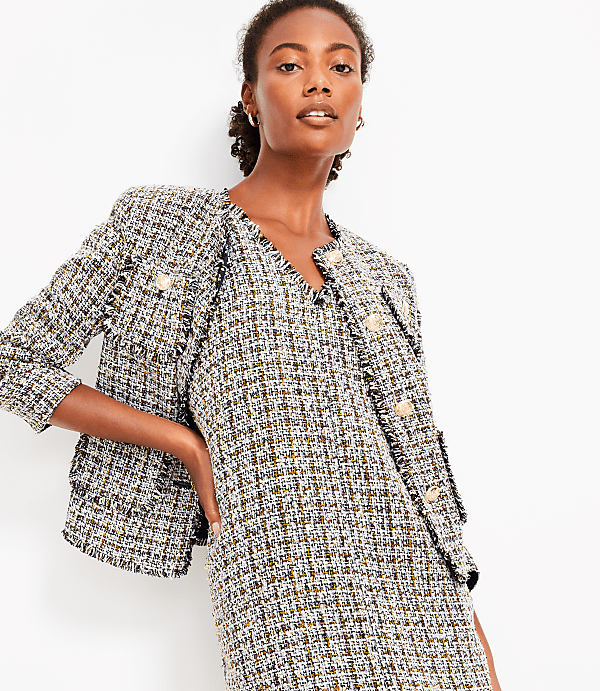 Metallic Fringe Tweed Double V Mini Dress