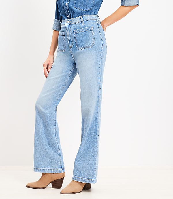 Side Studded Patch Pocket High Rise Relaxed Flare Jeans in Light Vintage Indigo Wash