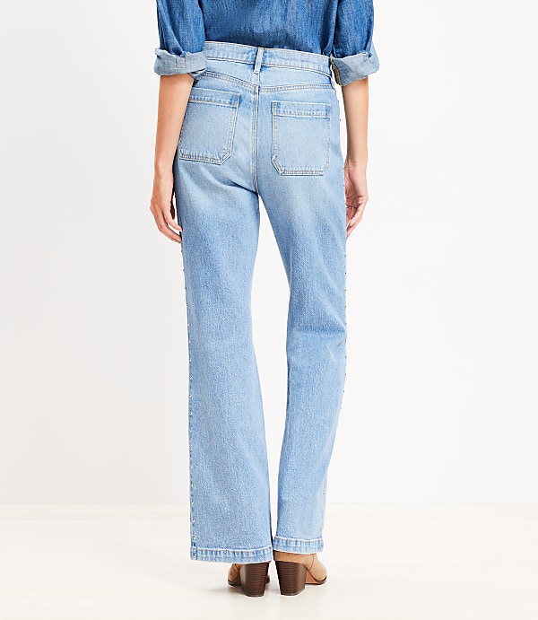 Side Studded Patch Pocket High Rise Relaxed Flare Jeans in Light Vintage Indigo Wash