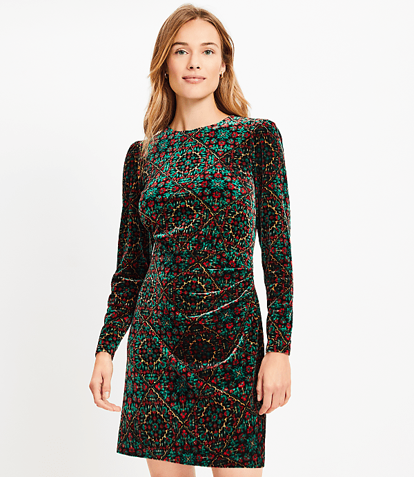 Ornamental Floral Shirred Velvet Mini Dress