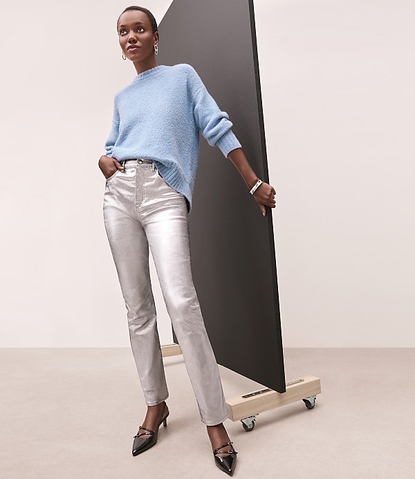 Coated High Rise Straight Jeans in Silver Metallic
