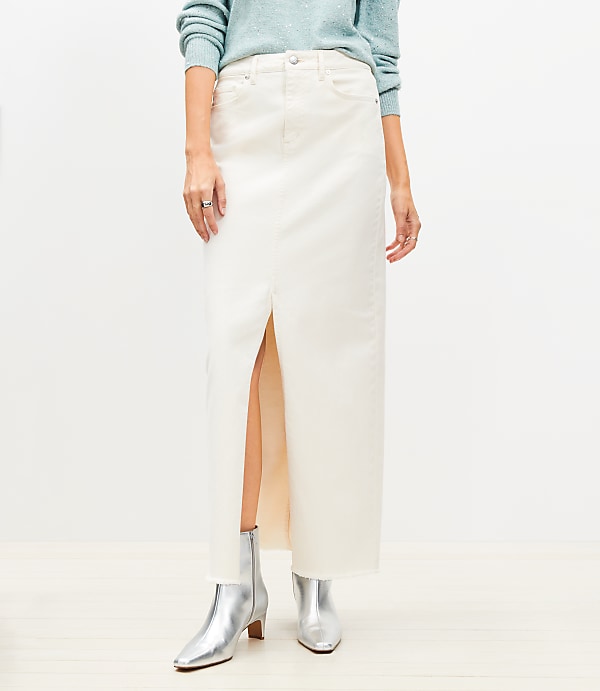 Frayed Denim Maxi Skirt in Ivory
