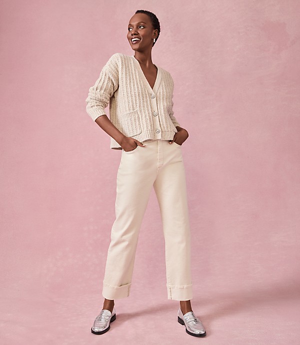 High Rise Cuffed Straight Jeans in Popcorn