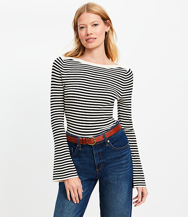 Striped Boatneck Flare Sleeve Sweater