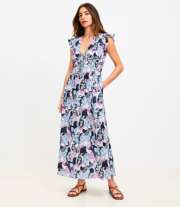 Petite LOFT Beach Floral Ruffle Sleeve Maxi Pocket Dress