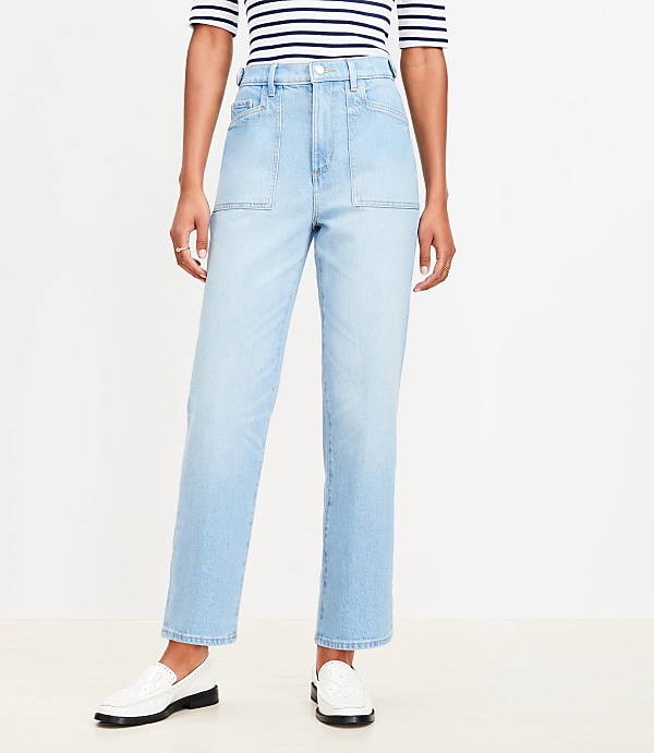 Tab Waist High Rise Straight Jeans in Bright Mid Indigo Wash