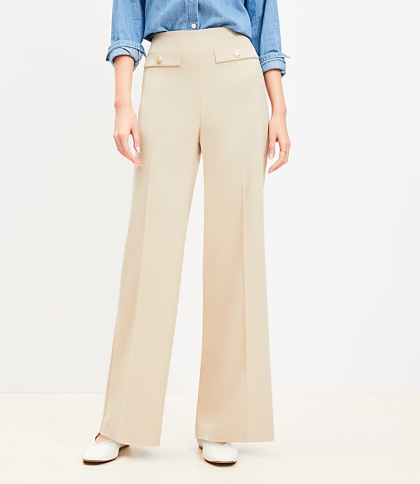 Button Trim Wide Leg Pants in Twill