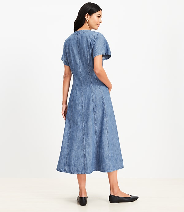 Chambray V-Neck Midi Pocket Dress