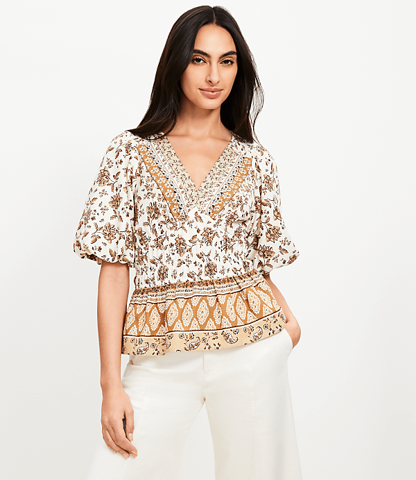 Striped Floral Pintucked V-Neck Peplum Blouse