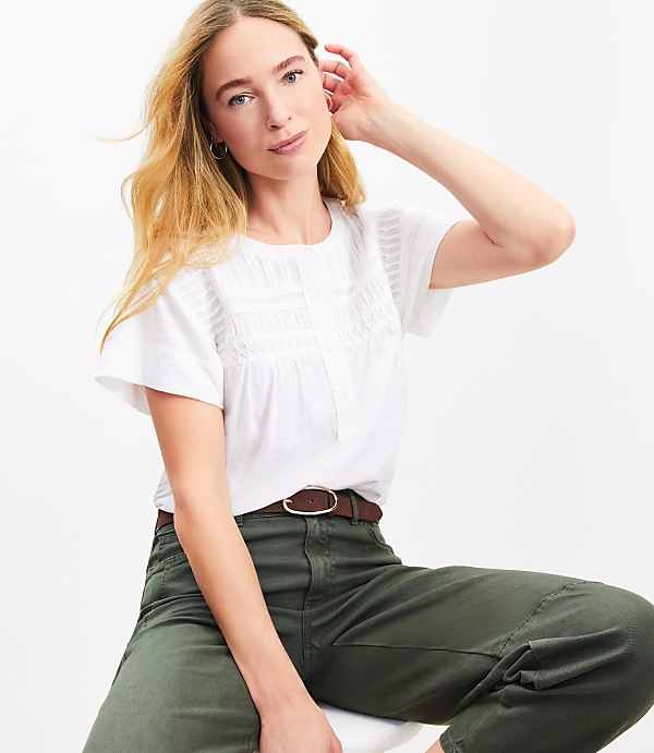 Pintucked Henley Mixed Media Top