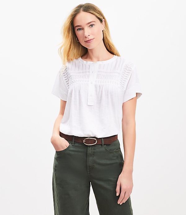 Pintucked Henley Mixed Media Top