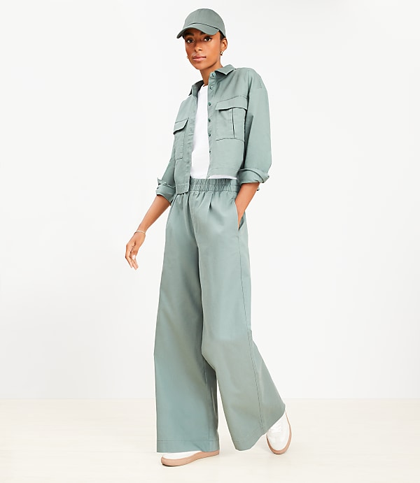 Pleated Pull On Wide Leg Pants in Twill