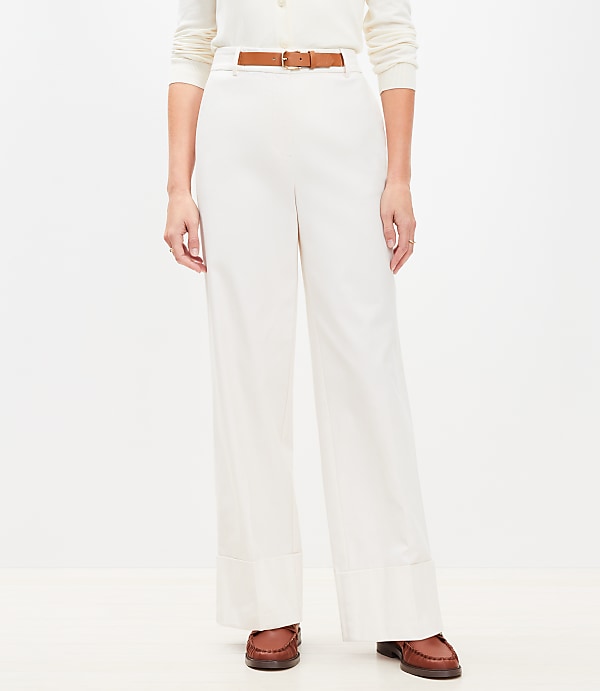 Faux Leather Belted Stovepipe Pants in Twill