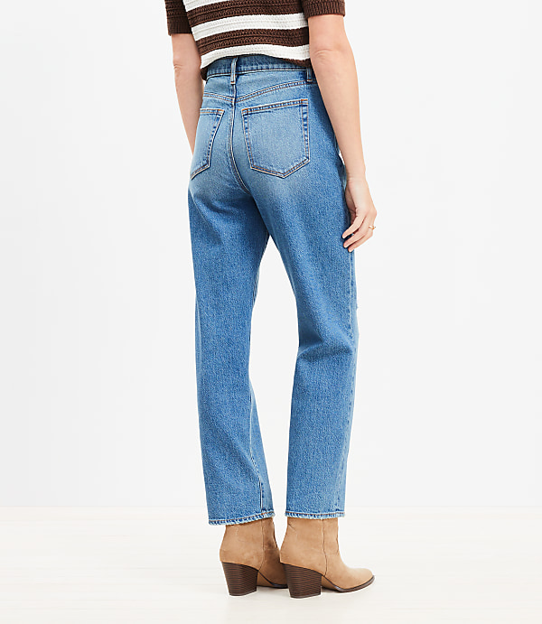 Destructed High Rise Straight Jeans in Dark Vintage Wash