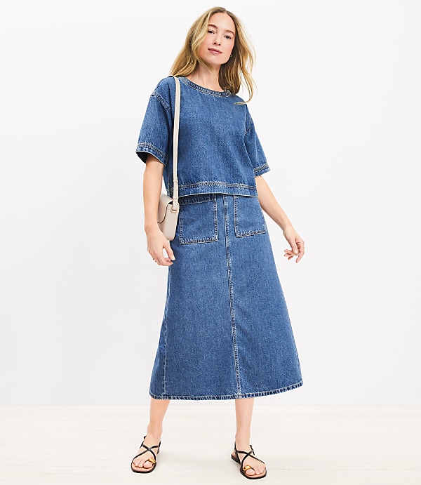 Denim Patch Pocket Midi Skirt in Classic Mid Wash