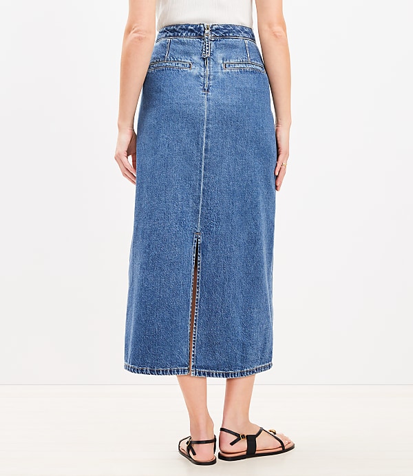 Denim Patch Pocket Midi Skirt in Classic Mid Wash