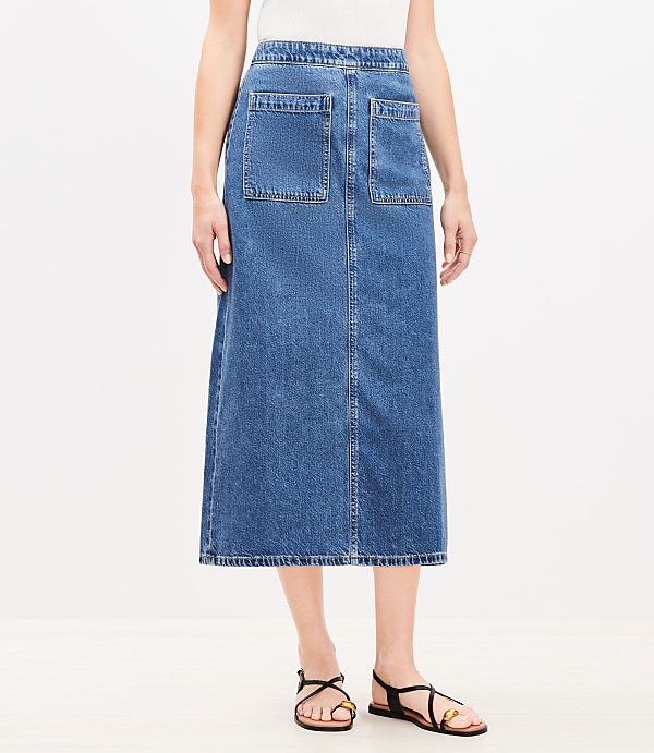 Denim Patch Pocket Midi Skirt in Classic Mid Wash