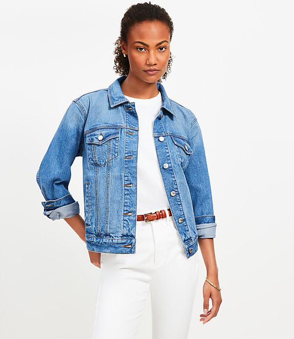 Petite Denim Trucker Jacket in Classic Mid Wash