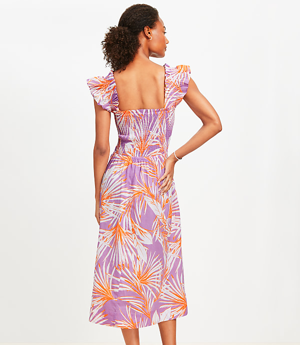 Petite LOFT Beach Island Frond Smocked Ruffle Strap Midi Pocket Dress