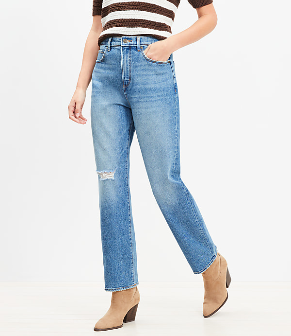 Destructed High Rise Straight Jeans in Dark Vintage Wash