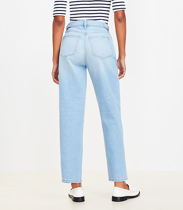 Petite Curvy Tab Waist High Rise Straight Jeans in Bright Mid Indigo Wash