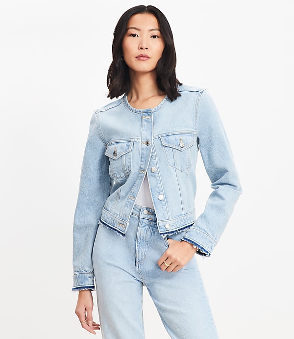 Petite Collarless Denim Jacket in Destructed Light Wash