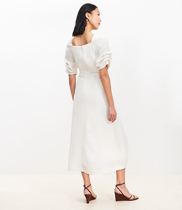 Petite Shirred Linen Blend Button Midi Dress