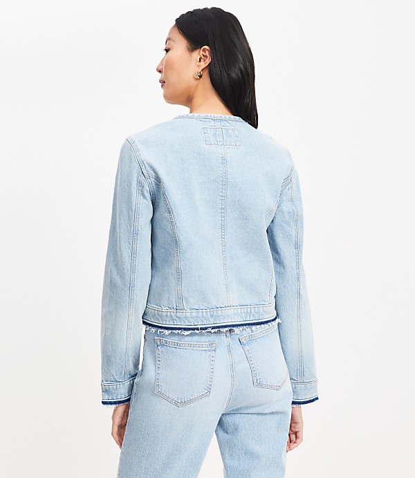 Petite Collarless Denim Jacket in Destructed Light Wash