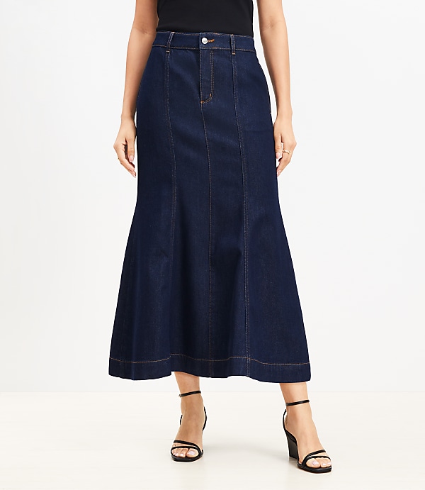 Denim Trumpet Maxi Skirt in Dark Rinse