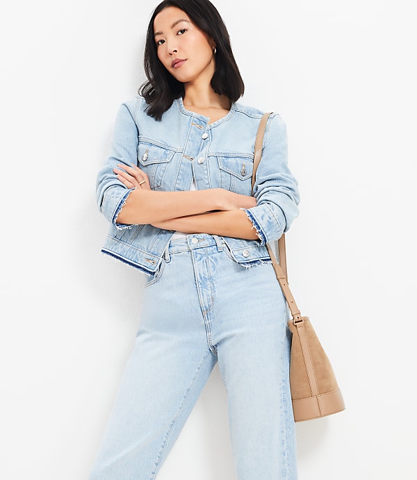 Petite Collarless Denim Jacket in Destructed Light Wash