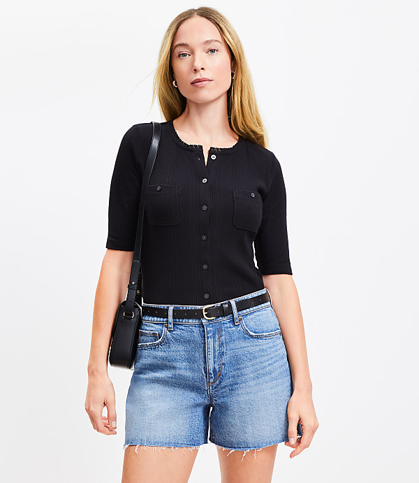 Petite Destructed High Rise Cut Off Denim Shorts in Authentic Dark Wash