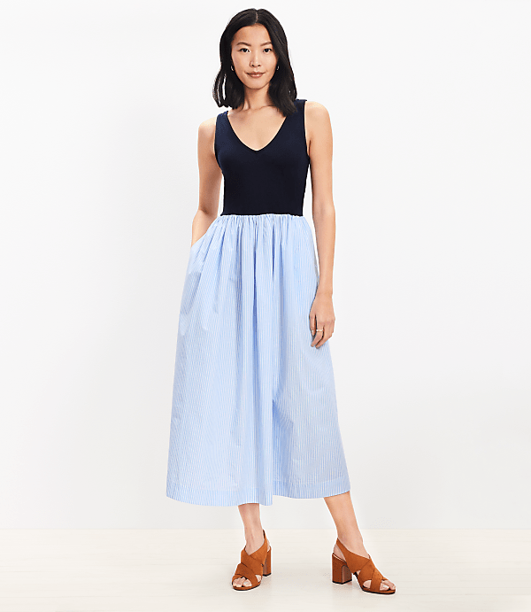 Striped Mixed Media Midi Pocket Dress