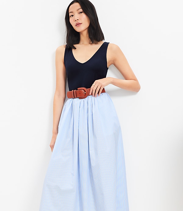 Striped Mixed Media Midi Pocket Dress