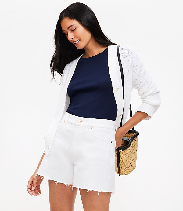 Petite Fresh Cut High Rise Cut Off Denim Shorts in White