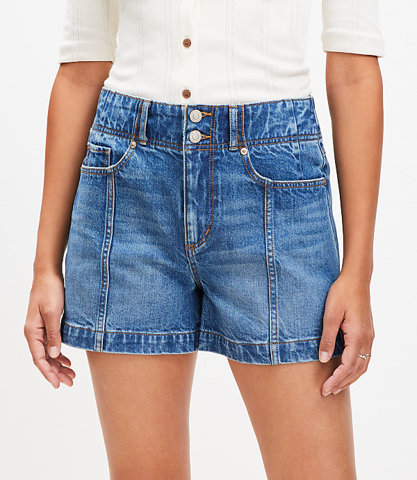 Seamed High Rise Denim Shorts in Bright Stone Wash