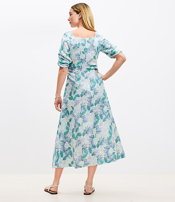 Gardenia Shirred Linen Blend Button Midi Dress