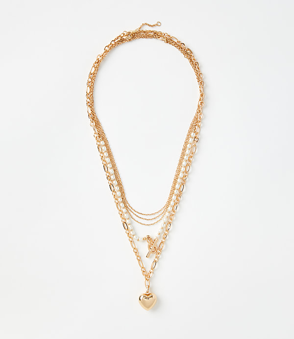 Pearlized Heart Toggle Layered Necklace Set