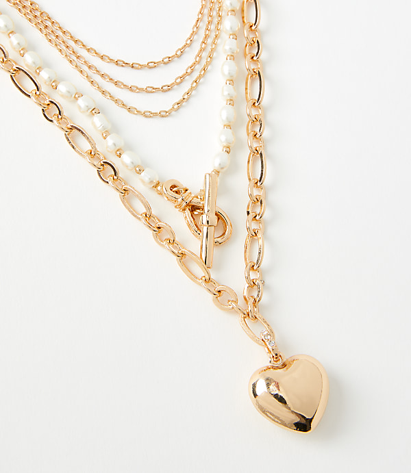 Pearlized Heart Toggle Layered Necklace Set