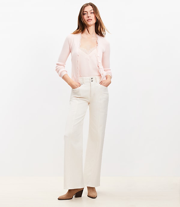 Petite Lace Trim Ribbed V-Neck Cardigan